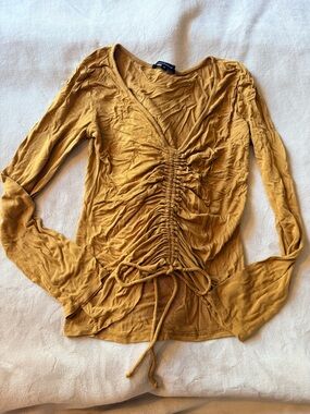 Women’s Mustard Drawstring Ruched Long Sleeve Crop Top